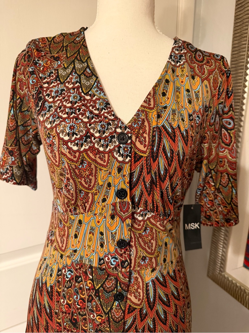45~ New MSK Paisley V-Neck Maxi Dress in Rust, Mustard & Teal Medium - Picture 3 of 10